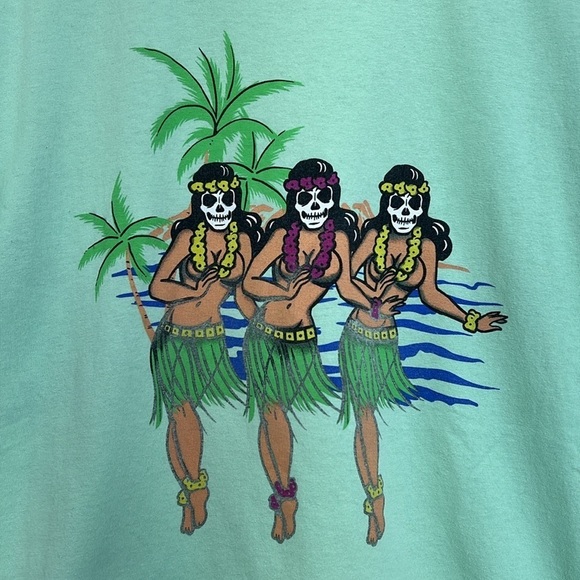 Spencer’s - Neon Green Skull Hula Girl Colorful Graphic Short Sleeve T Shirt L - Picture 7 of 9